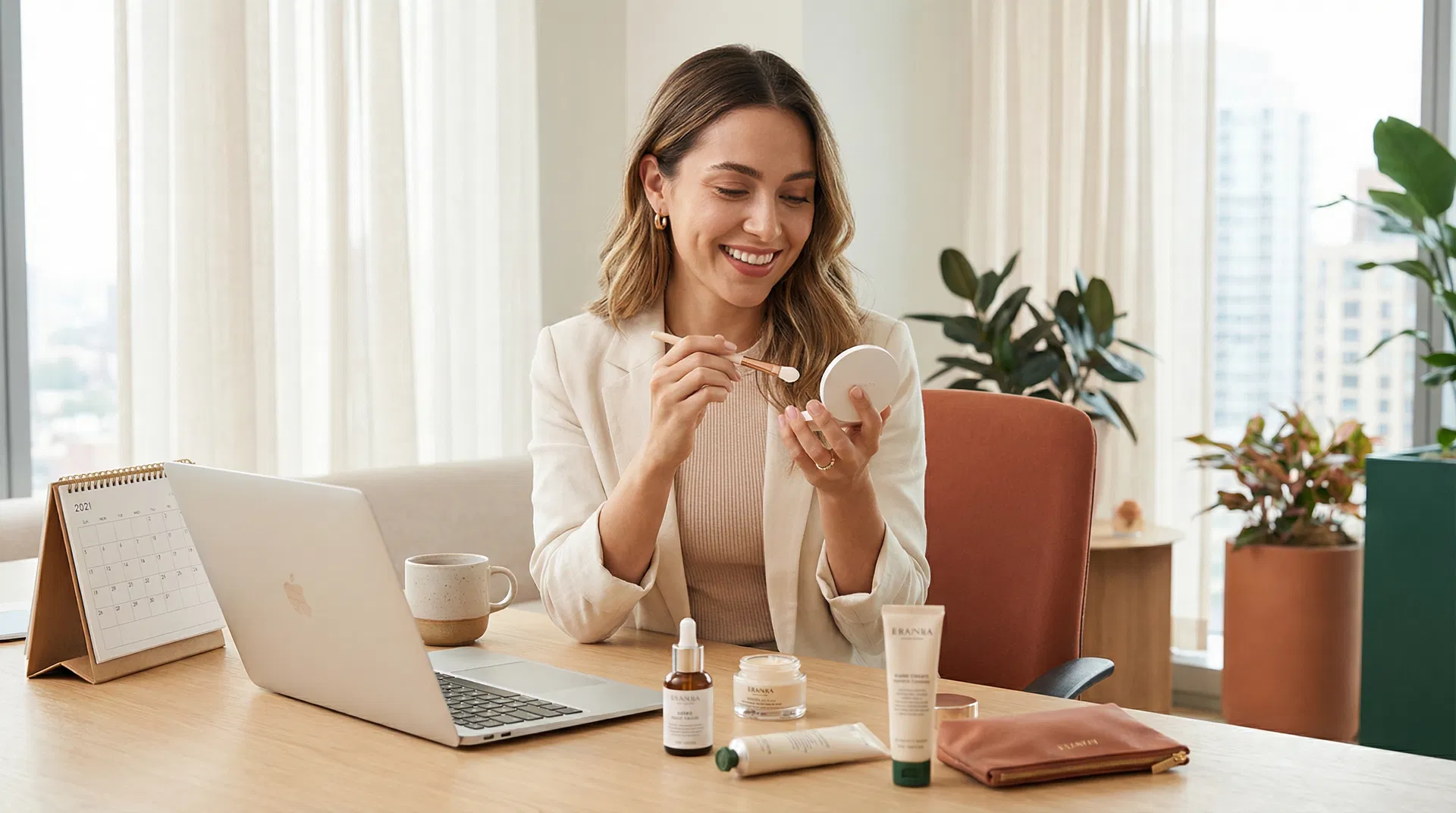 每日大赛生活方式 - 职业女性在办公室应用护肤产品